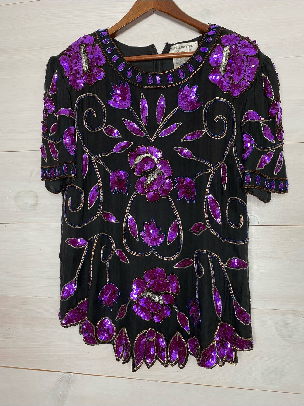 Vintage Papell Boutique Silk Beaded Evening Top - Purple Floral Sequin - Size XL